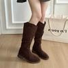 Autumn Winter Low Heel Women Western Cowboy Boots Fashion Soft Pleated Shoes Female Vintage Slip On Long Booties