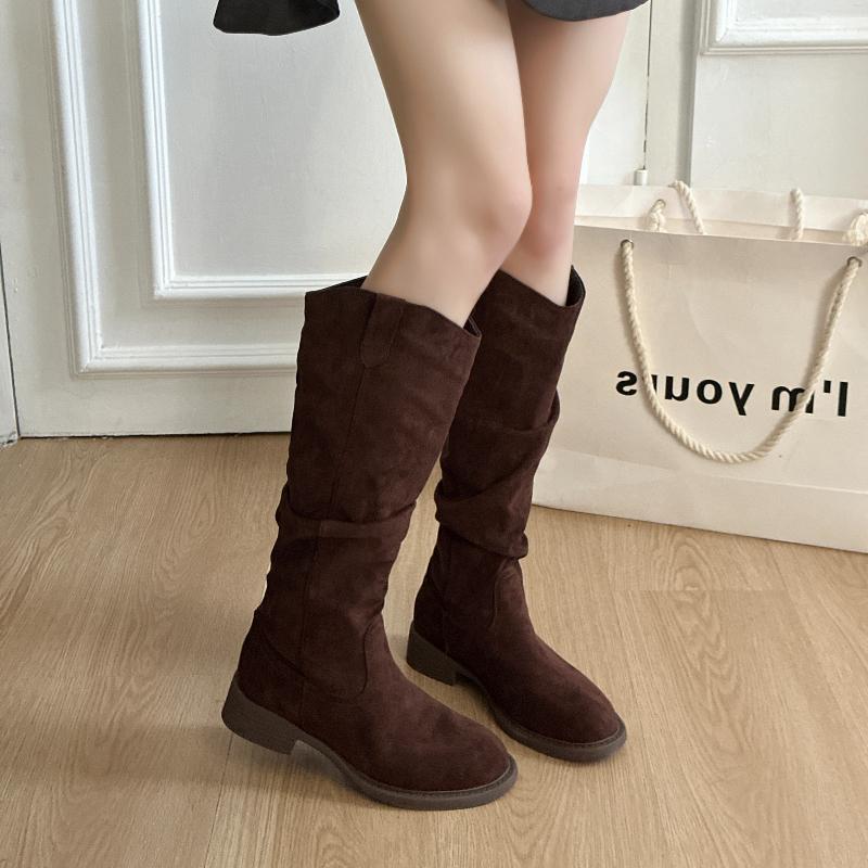 Autumn Winter Low Heel Women Western Cowboy Boots Fashion Soft Pleated Shoes Female Vintage Slip On Long Booties