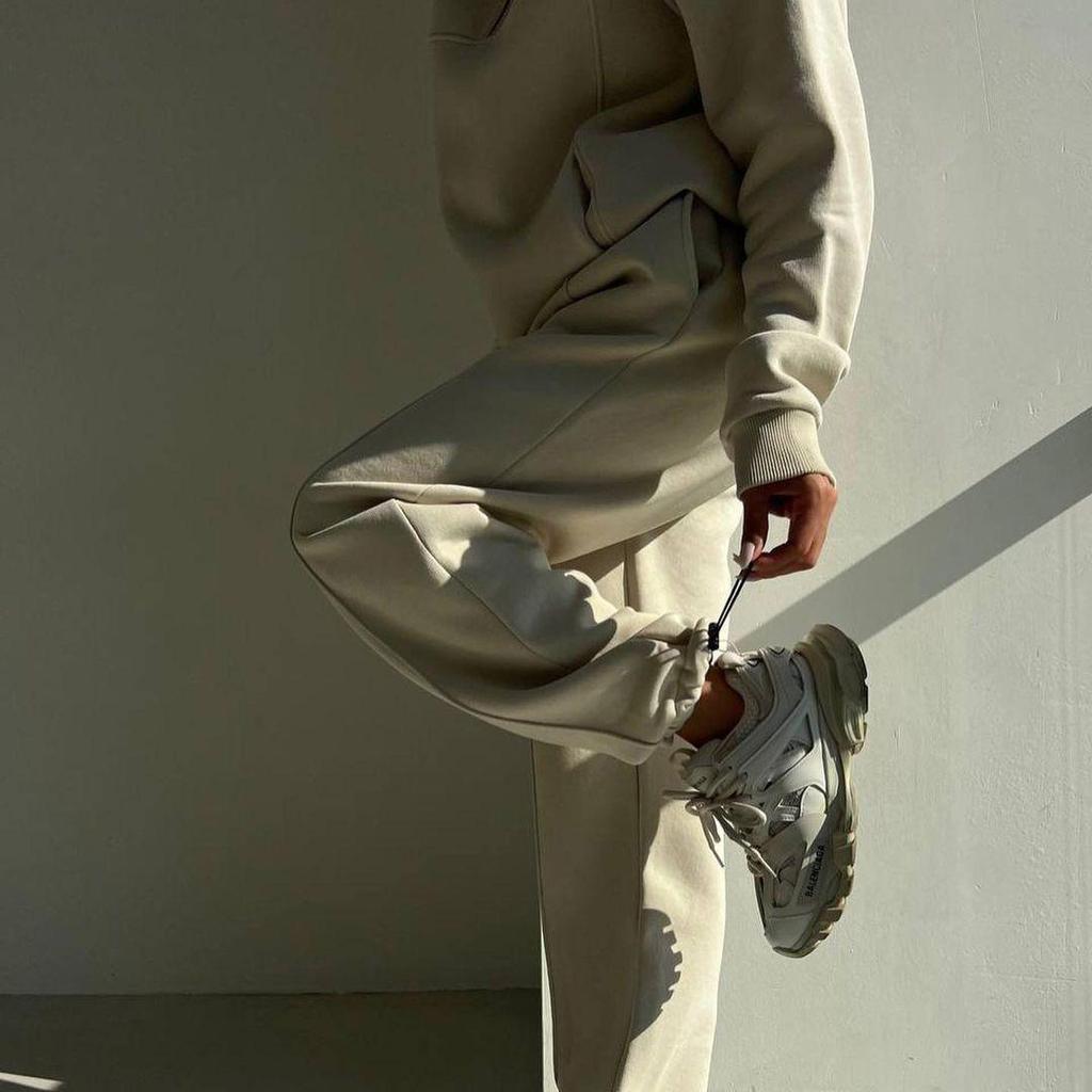 Women Solid Color Long Sleeve Stand Collar Hoodies Suit Autumn Winter Loose Top Wide Leg Pants