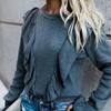 Fashion Women Solid Color Ruffled Long Sleeve O Neck Pullover T-shirt Blouse Top