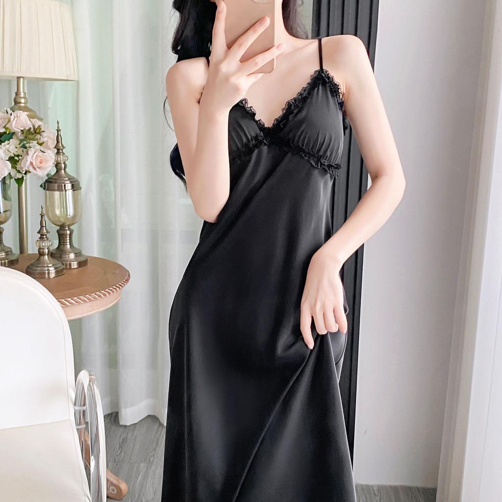 1011 New Ice Silk Suspender Nightdress Women's Spring and Autumn Dress Robe Two-piece Set Pure Desire Wind Sexy with Chest Pad Long