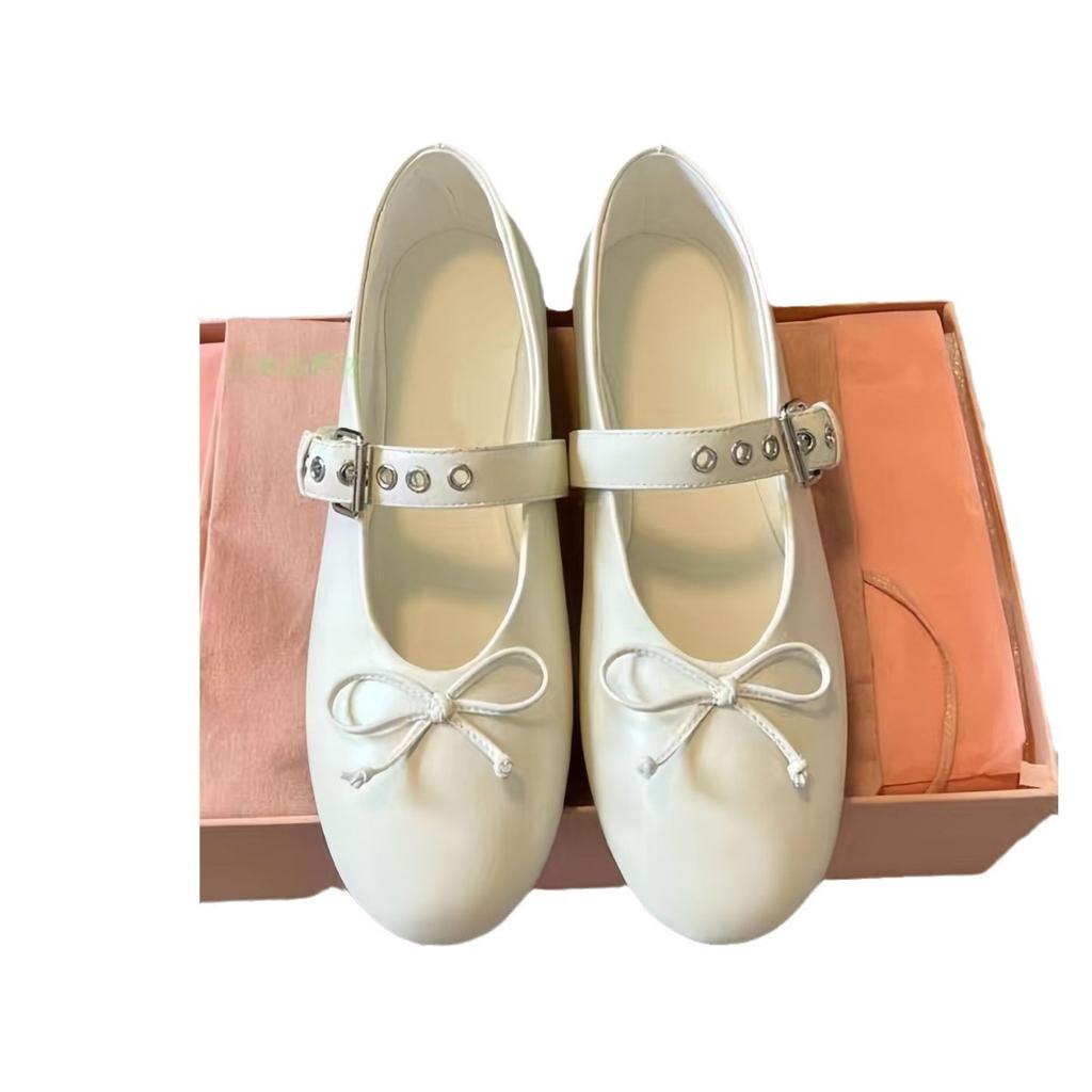 Sheepskin Version~ Miu New French Bow Ballet Flats Leather Full of Rhinestones Mary Jane Shoes