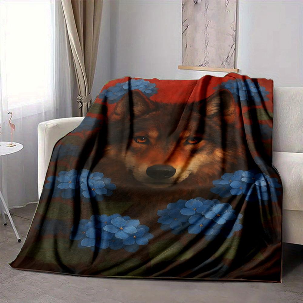 1pc Wolf, Blue Flowers Blanket - Lightweight Flannel Fleece with Digital Printing, Soft Warm for Sofa, Travel, Camping, Office yy251018258