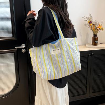 Fresh Stripes Contrasting Colors Double-sided Bag Spring and Summer New Tote Bag Large-capacity Commuter Bag Student Class Canvas Bag Female