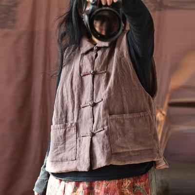 Frauen Vintage Leinen Westen Taste Ärmel Taschen Einfarbig Mäntel Frühling Chinesischen Stil Frauen Qualität Westen