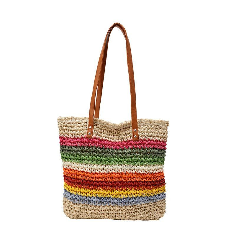 New Rainbow One Shoulder Straw Bag Handwoven Bag Women's Large Capacity Tote Bag Seaside Resort Beach Bag