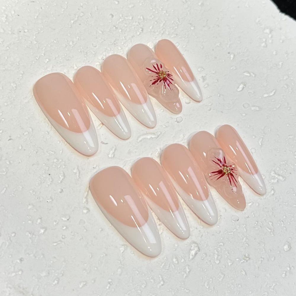 

3D Floral Long Almond Press-On Nails - Handmade, Trendy European & American Style M