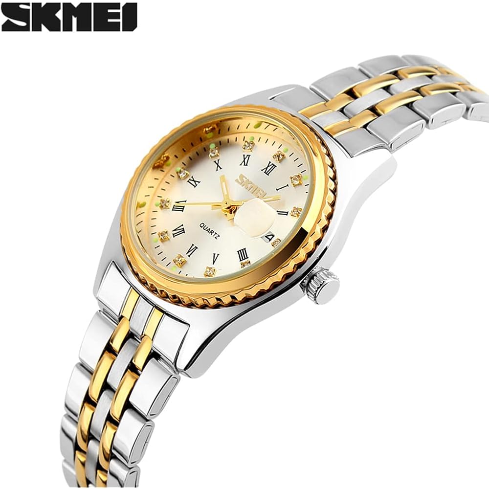 "Classic Women's Analog Quartz Watch Gold Silver Stainless Steel Waterproof Casual Date Display"