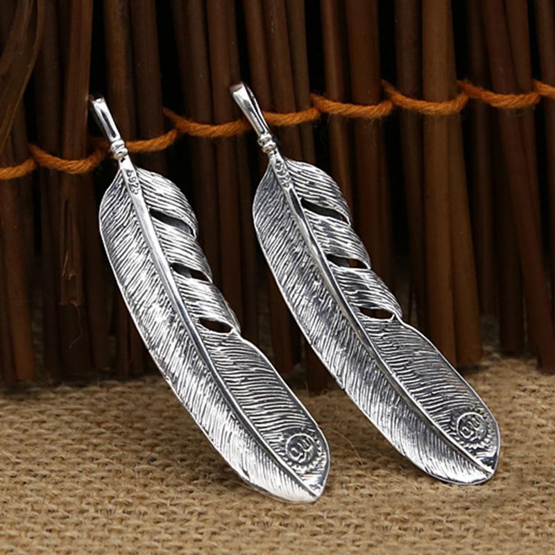 S925 Sterling Silver Jewelry Retro Thai Silver Inlaid Turquoise Edition Handmade Feather Pendant for Men and Women