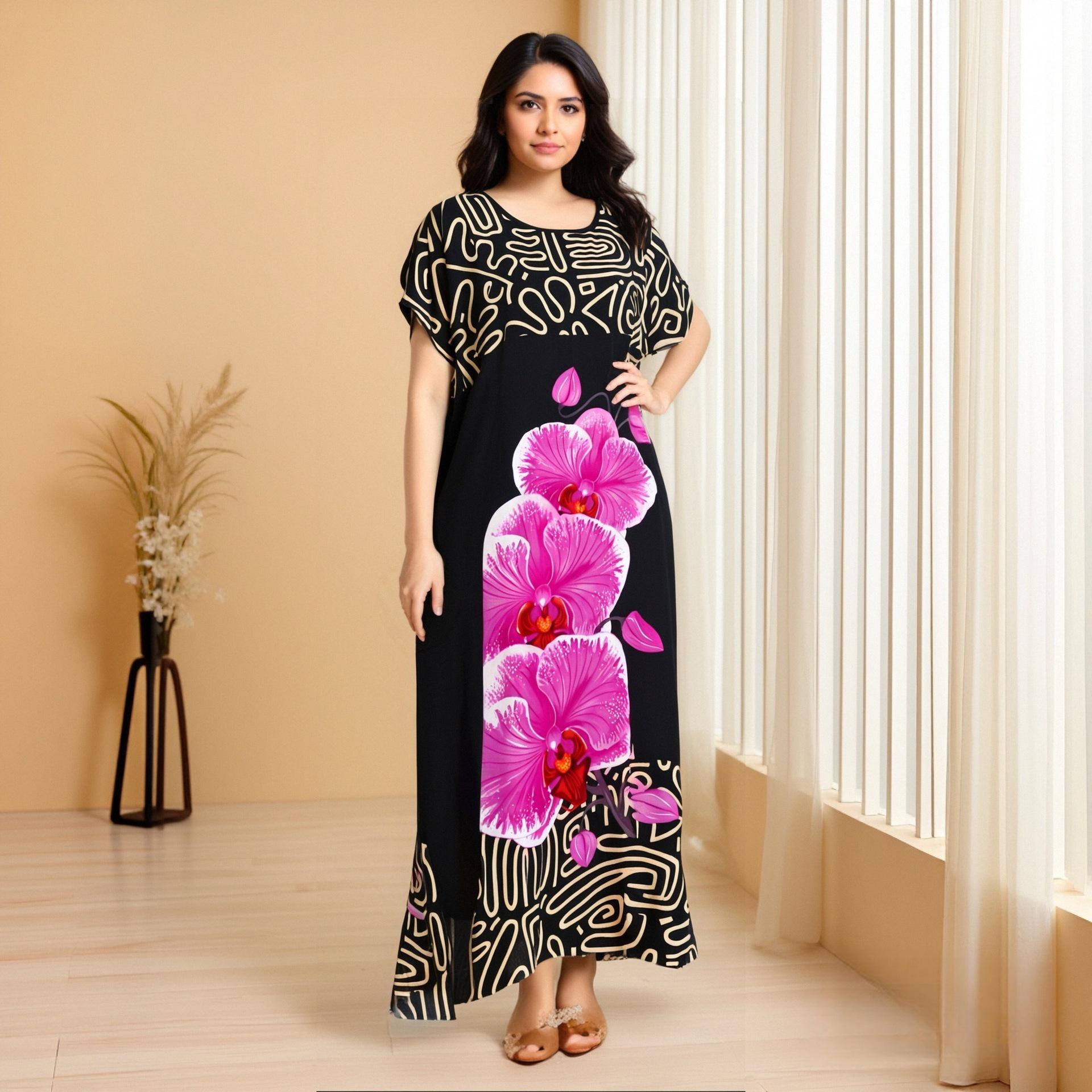 

European & American Plus-Size Satin Abaya: Round Neck, Long Length, Printed Design One Size квітковий/рожевий