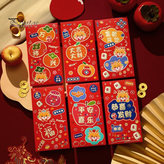 Balíček 6 kusů Year of the Dragon Red Roztomilý kreslený design s motivem požehnání Snadno zalepitelné Červené obálky pro zvláštní příležitosti