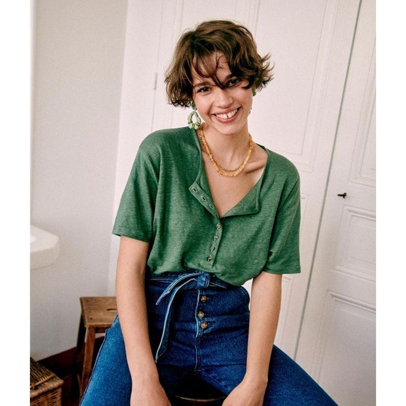 

RR & II French Minority 2025 New Arrival Spring/Summer Export Green round-Neck Single Breasted Short Sleeve T-shirt Top Female Loose Green S