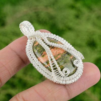 925 Silver Heart Chakra Natural Unakite Engagement Sister Wire Wrapped Pendant