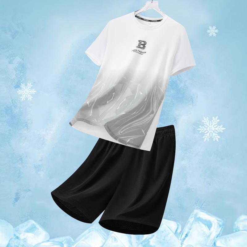 Ensemble de Sport en Soie Glacée pour Homme Été Col Rond Séchage Rapide Manches Courtes Coupe Ample Deux Pièces