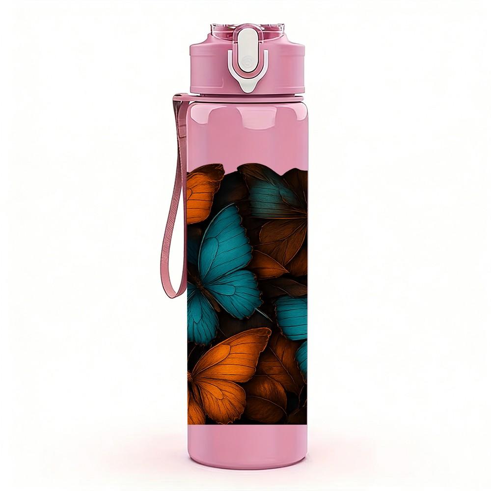 1PC Orange Teal Butterfly Mosaic Art Print 750ml Color Plastic Sports Water Bottle Leakproof Flip Straw Lid Suitable for Sports Office Home Use
