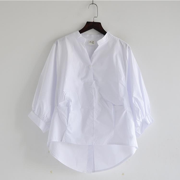 Chemise coréenne en coton à manches lanternes pour femmes, ample, grande taille, dos fendu, irrégulier, couleur unie, col en v, haut