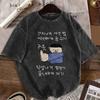 Oversized Vintage Washed Black T-shirt Korean Funny Cartoon Print Tee Casual Short Sleeve Loose Top