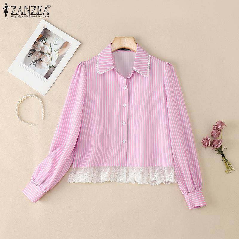 ZANZEA Kobiety Casualowy Kołnierzyk z Wykładanym Kołnierzykiem Długi Rękaw Koronkowa Wstawka Paski Bluzka