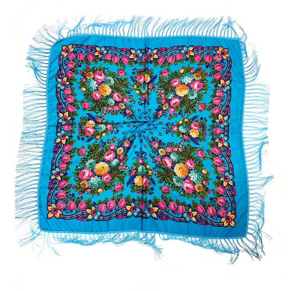 115*115cm Russian Style Square Scarf Women Luxury Floral Print Bandana Traditional Ukrainian Fringed Shawl Babushka Head Wraps