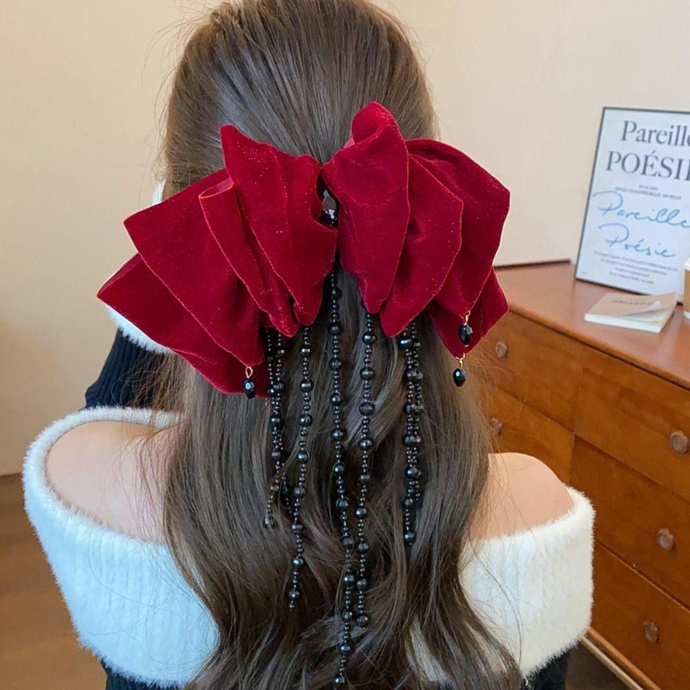 Beads Velvet Bow Hair Clip Cloth New Year Headwear Sweet Red Hairpin Girls