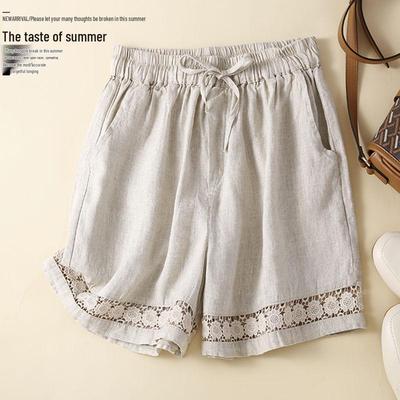 Women's Retro Lace Linen Shorts - Elastic Waist, Wide Leg, Casual & Lightweight