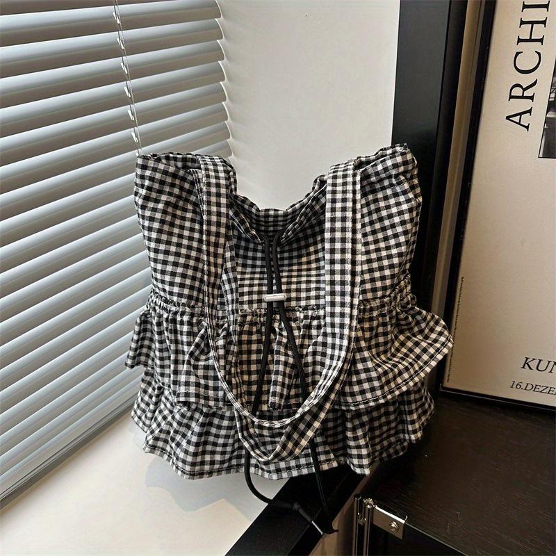 Women' Large Capacity Grid Tote Bag - Casual Plaid Handbag with Drawstring Closure, Shoulder Bag Suitable for Travel, Shopping & Everyday Use