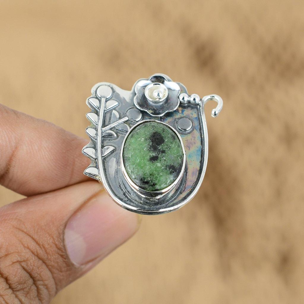 Sterling Silver Ruby Zoisite Stone Art Deco Flower Statement Promise Ethnic Ring