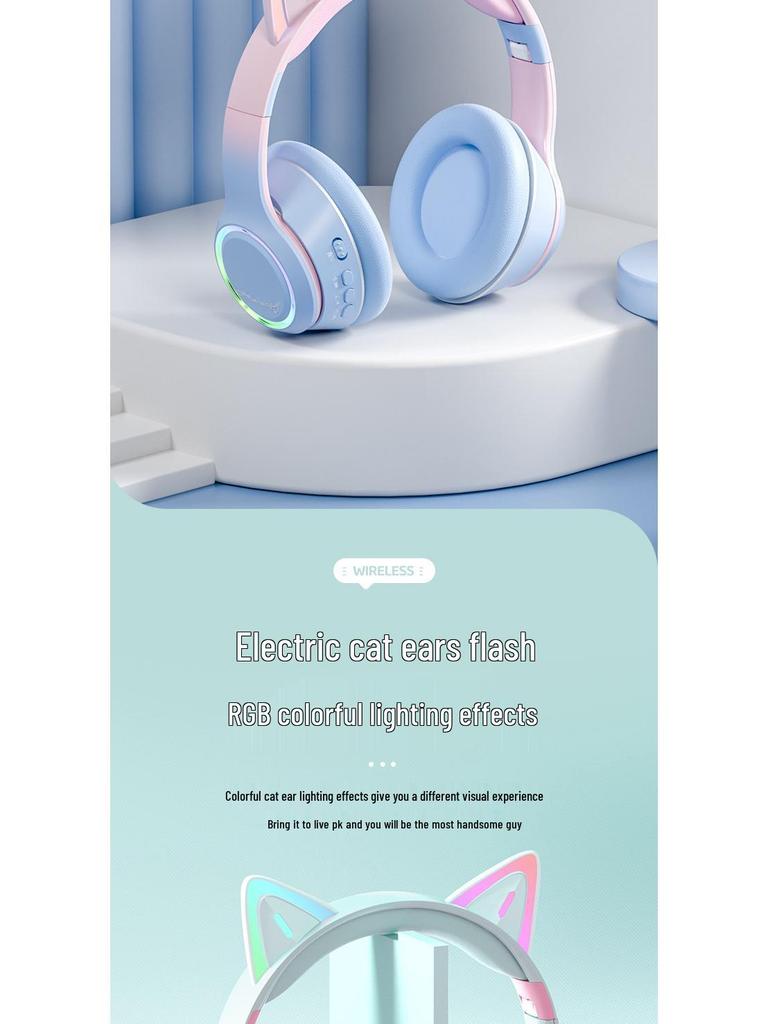 Luminous Cat Ear Bluetooth 5.3 Headphones with Card Slot for Gaming and Online Classes