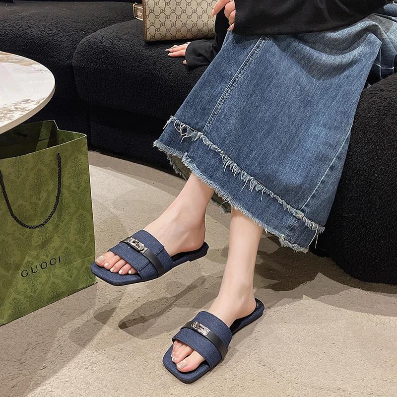 Women's Shoes  Fashion Peep Toe Women's Slipper  Metal Decoration Daily Slippers Women New Plus Size Flat Slippers