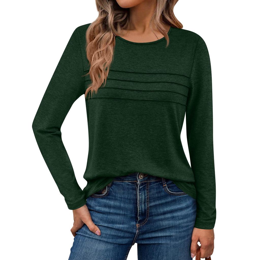 Long Sleeve Shirts For Women Pleated Color Casual Blouses Fashion Basic Round Tops