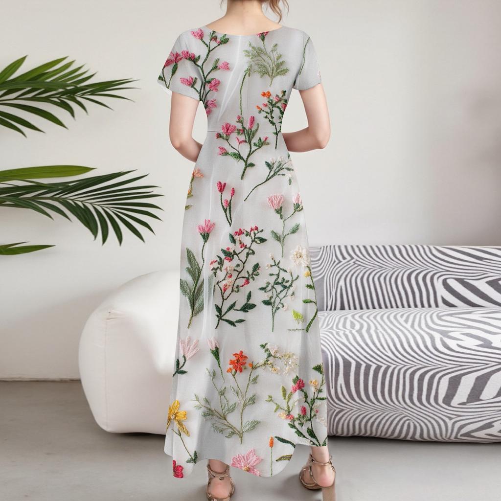 Damen Sommer Blumenmuster V-Ausschnitt Kurzarm Maxikleid Fließendes A-Linien Maxikleid Bohemian Urlaubs Strandkleid