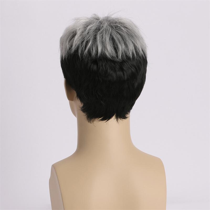 Synthetische Kurzhaarperücken für Männer Ombre Grau und Schwarz Stufige Perücke mit Pony Männlich Jungs Cosplay Trendige Modeperücken Halloween-Perücke