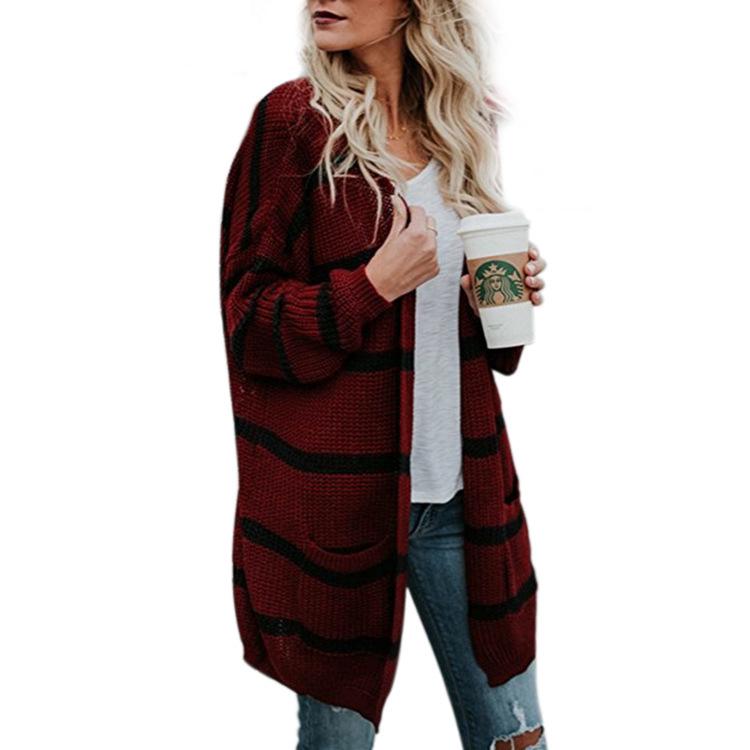 European & American Women's Mid-Length Striped Cardigan with Double Pockets - 2026 Autumn/Winter Collection