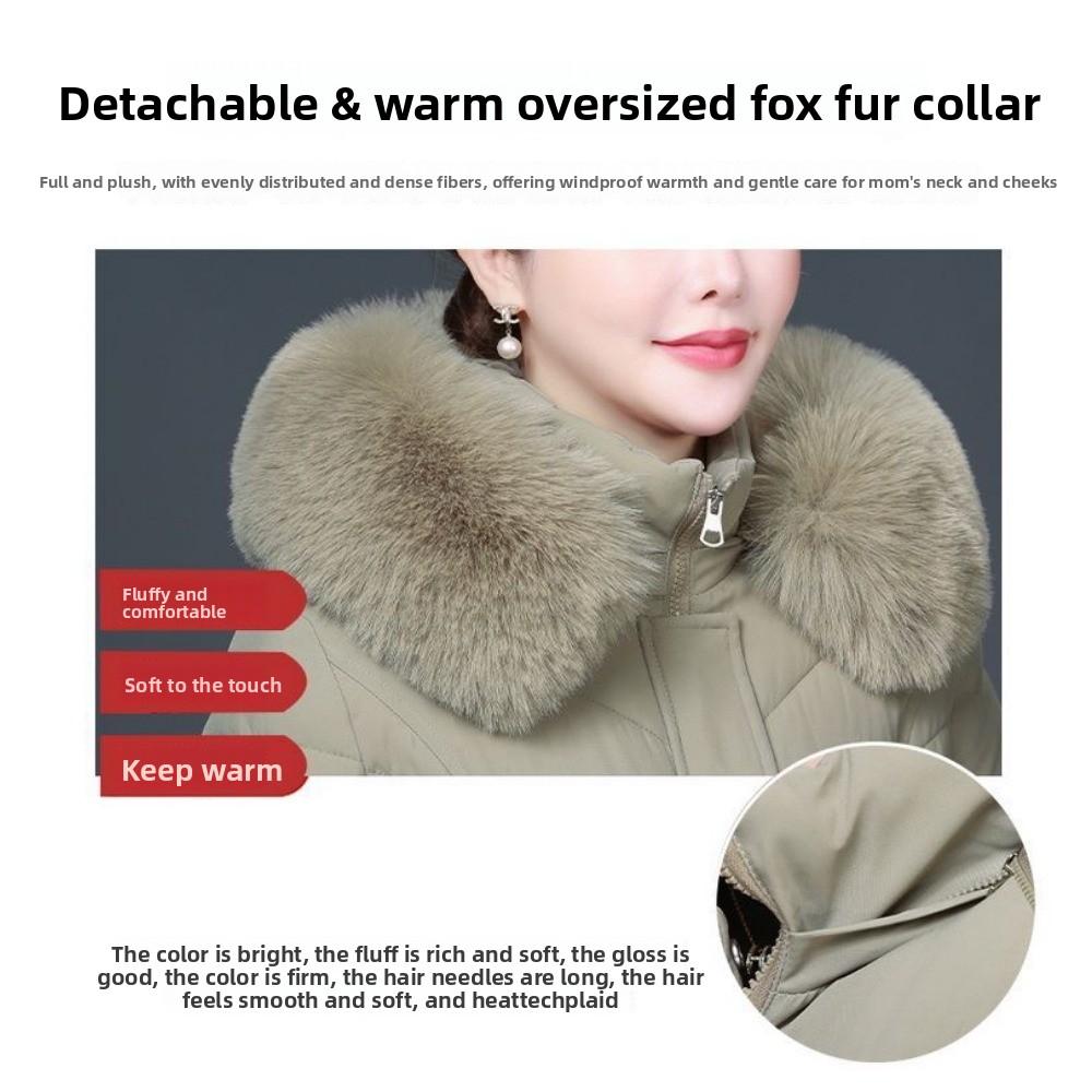 Vinter medellång dunjacka över knäet, plusstorlek, förtjockad kappa för medelålders och äldre mödrar