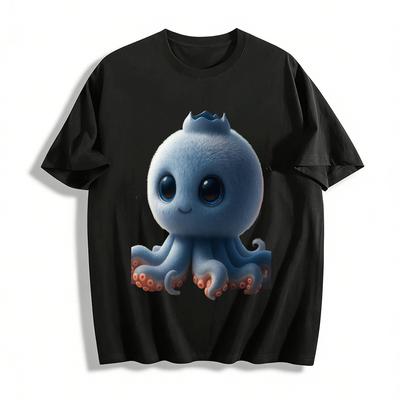 Süßes Flauschiges Blaues Oktopus-Print Lässiges Unisex-Oberteil Reines Baumwoll-T-Shirt