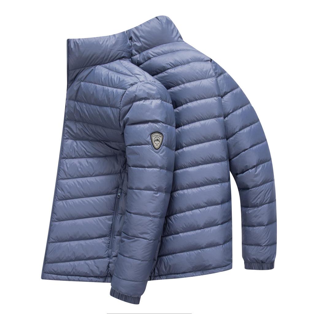 Men's Lightweight Stand Collar Down Jacket - Warm Short Ribbed Style for Autumn/Winter.