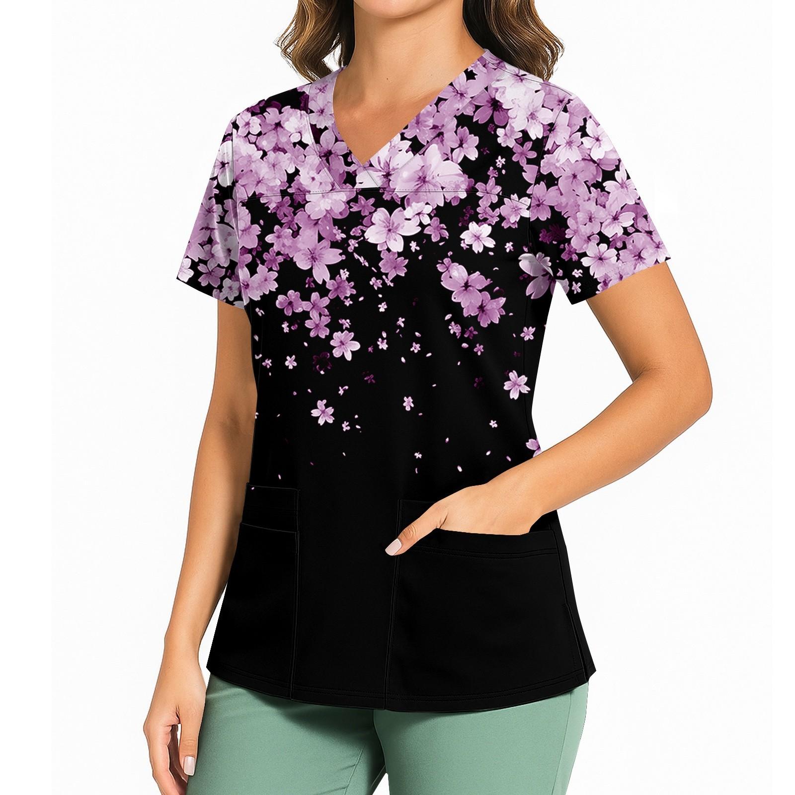 

Женский повседневный топ с принтом, V-образным вырезом, карманом, боковым разрезом и короткими рукавами L фиолетовый