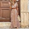 Boho Long Dress for Women V Neck Summer Dress Paisley Print Elegant Dresses with Belt Large Hem Beach Dresses Robe