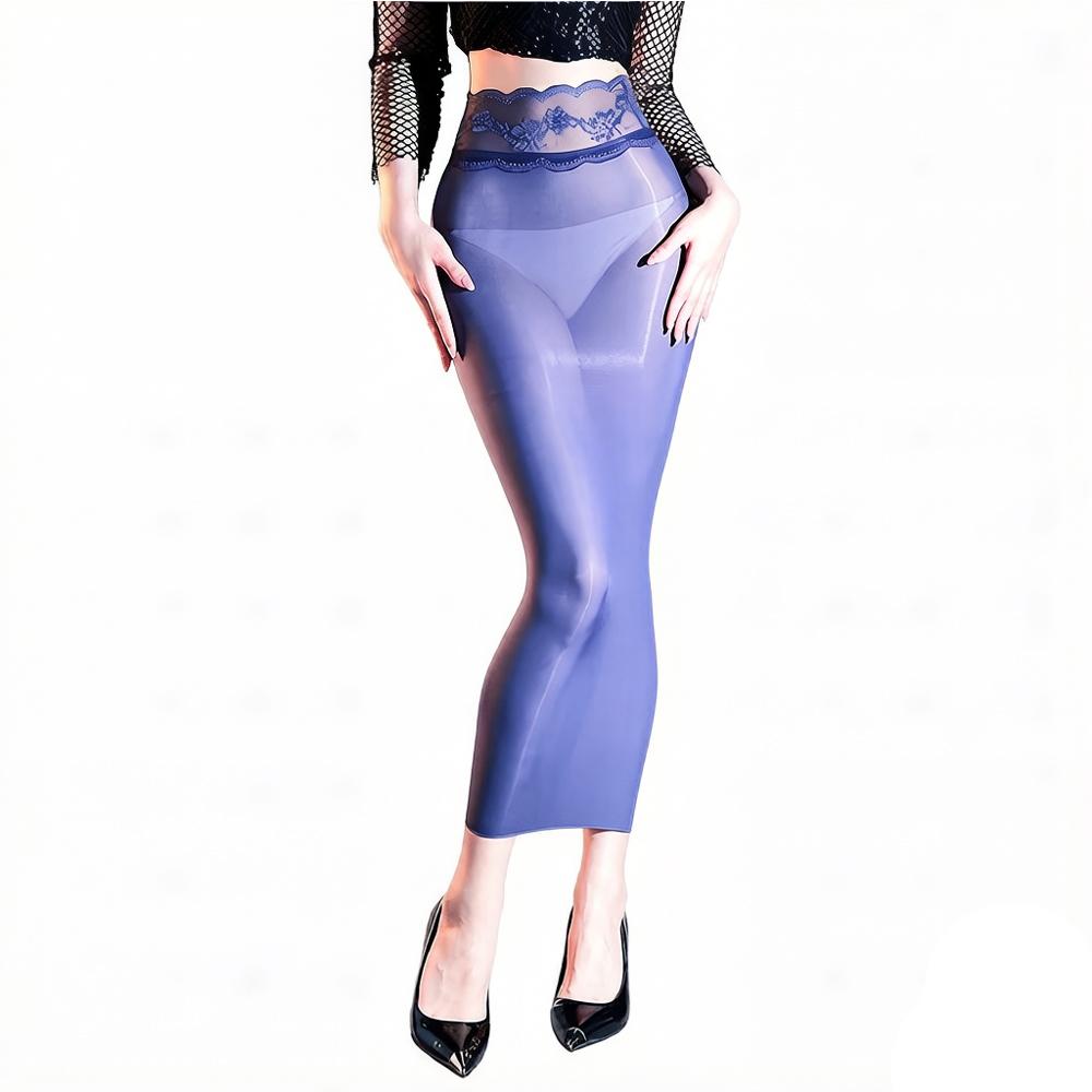 Fashion Women Lace Bodycon Tube Micro Mini Dress 5D Oil Glossy Shiny Package Hip Dress Sheer See Through Elastic Maid Dress