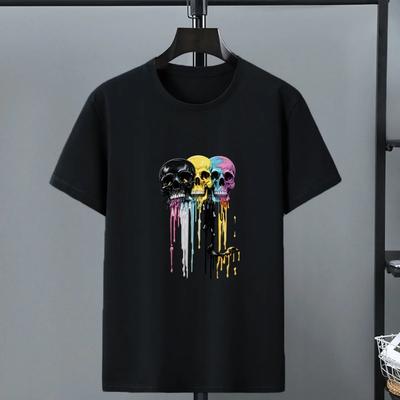 Funny Skull Summer T-shirt Men's Cotton Loose Short Sleeved Top Plain Print Fashion Casual Tee
