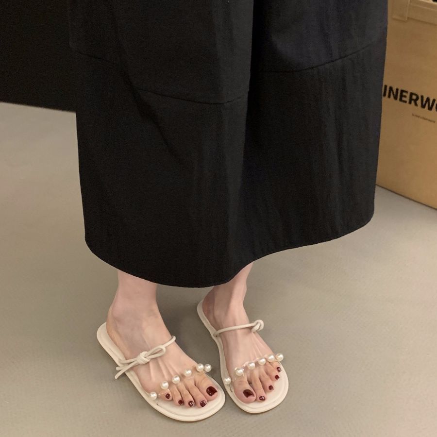 Flat-bottomed French small sandals transparent belt slippers fairy shoes 2025 new summer outer wear pearl sandals