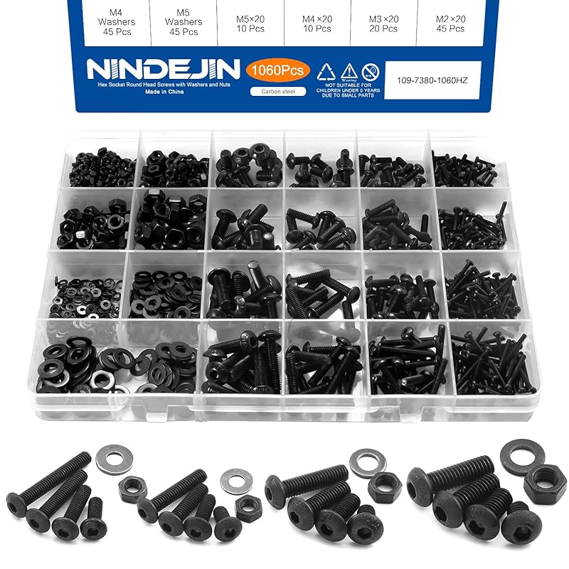 NINDEJIN Metric Button Head Socket Cap Screw Bolts & Flat Washers & Nuts Assortment Kit M2 M3 M4 M5 Stainless Steel Machine Screws Set and Wrench,