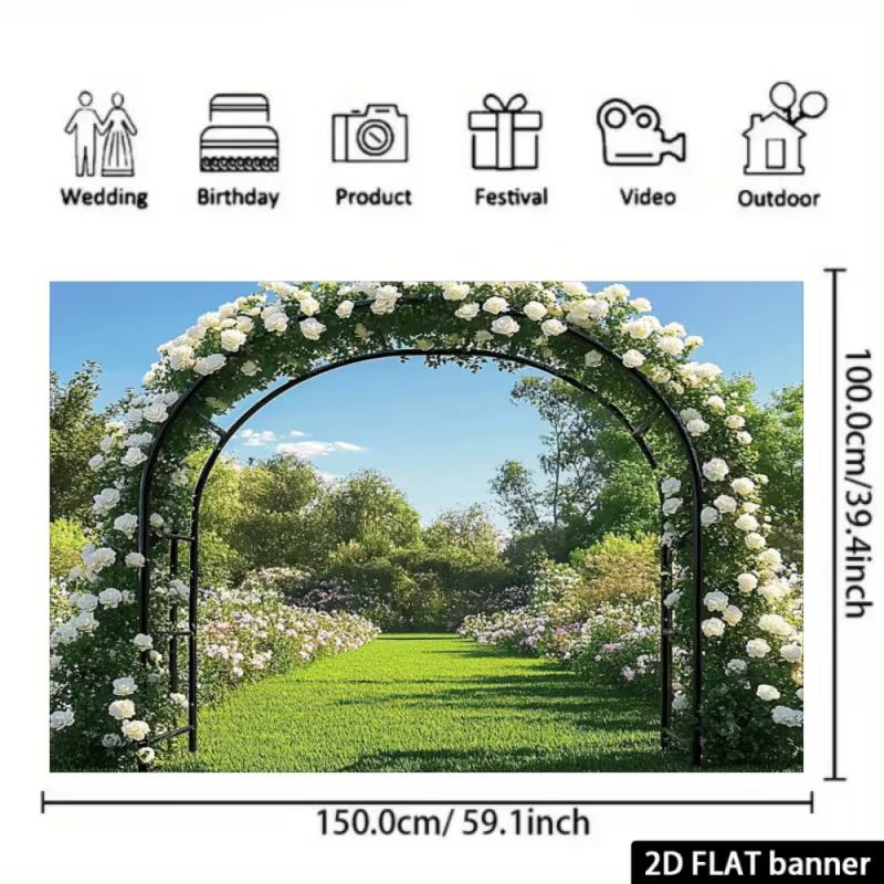 Romantic Garden Arch Backdrop, Elegant Sunny Park Scene with White Roses and Lush Greenery, Timeless and Fresh Wedding Wall Art