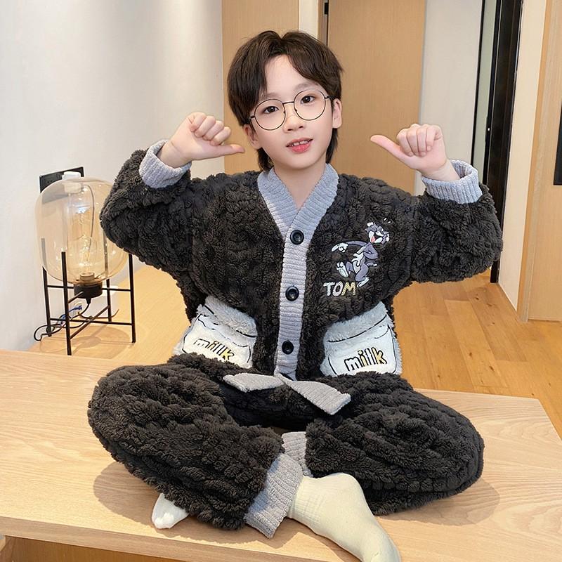 Boys Warm Coral Fleece Pajamas Set Thick Winter Sleepwear Kids Teens Comfortable Home Wear