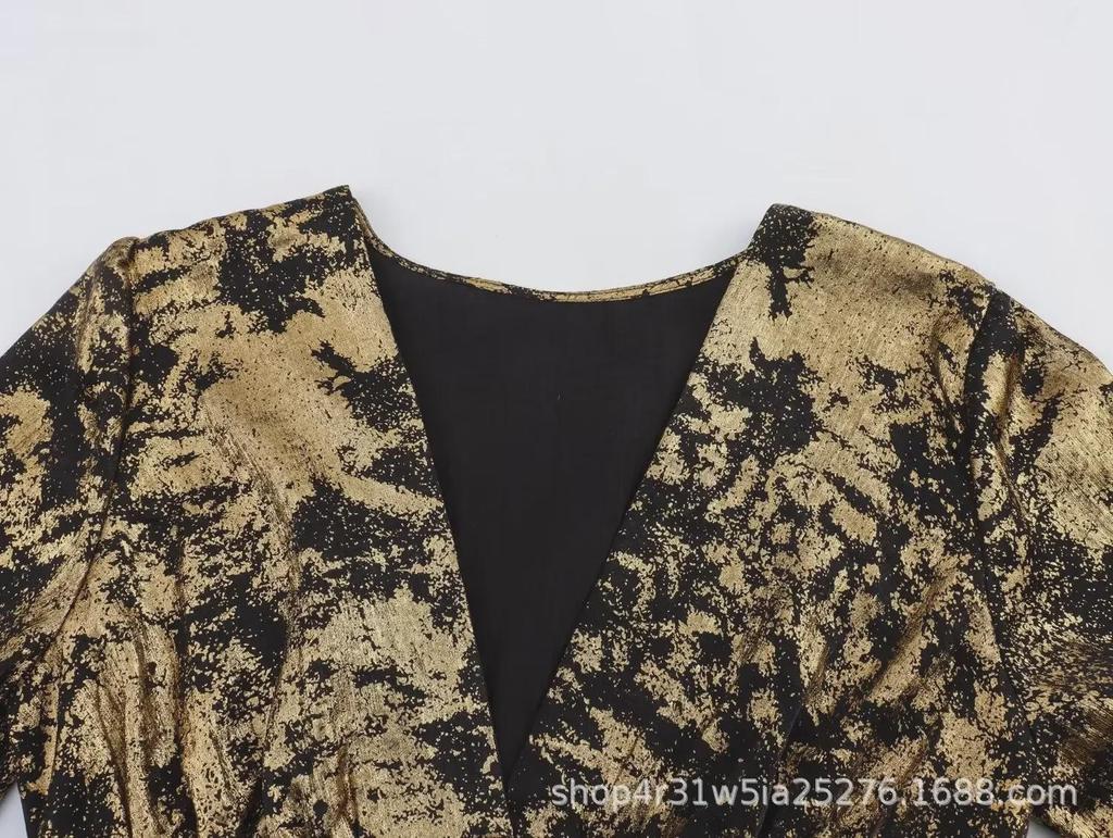 Autumn 2023 V-Neck Waist Slimming Metallic Foil Mini Dress