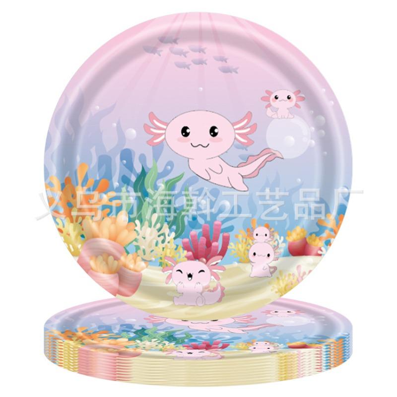 Cute pink salamander theme party decoration disposable tableware paper plate paper cup paper towel tablecloth knife fork spoon