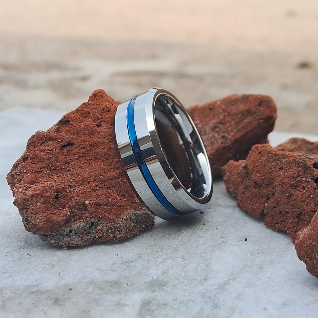 8mm Tungsten Ring Blue Line Inlay Men Silver Polished Wedding Band - Stylish and Durable Choice for Weddings and Everyday Wear"