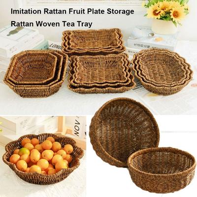 Mehrere Stile Imitation Rattan Obstteller Retro Gewebt Handgehalten Aufbewahrung Rattan Gewebt Tee Tablett Picknick Snacks Allerlei Körbe