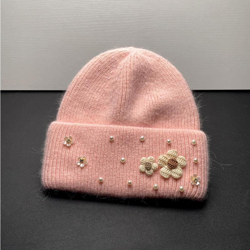 New Cute Flower Rabbit Wool Knitted Hat Autumn and Winter Thickened Warm Plush Fashionable Wool Hat Women Showing Their Face Cold Hat
