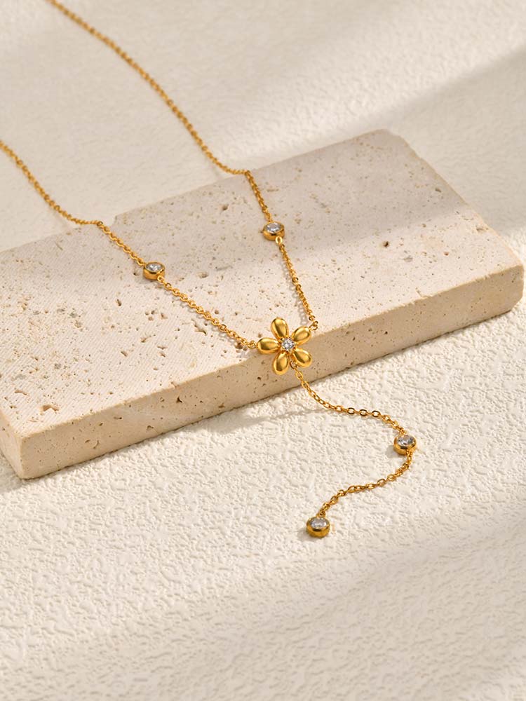 Long Y Shape Zirconia Chain Flower Necklaces for Women, Dainty Lariat Chain Drop Pendant Waterproof Jewelry Tarnish Free